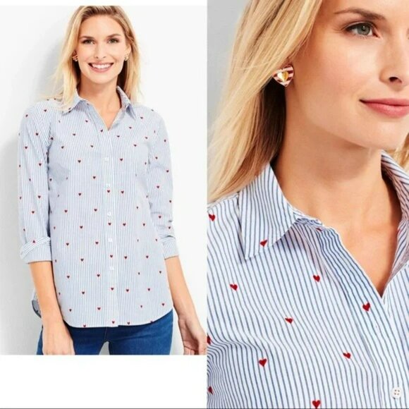 Old Navy Pinstripe Heart Print Button Down Shirt Blue White S - Picture 1 of 9